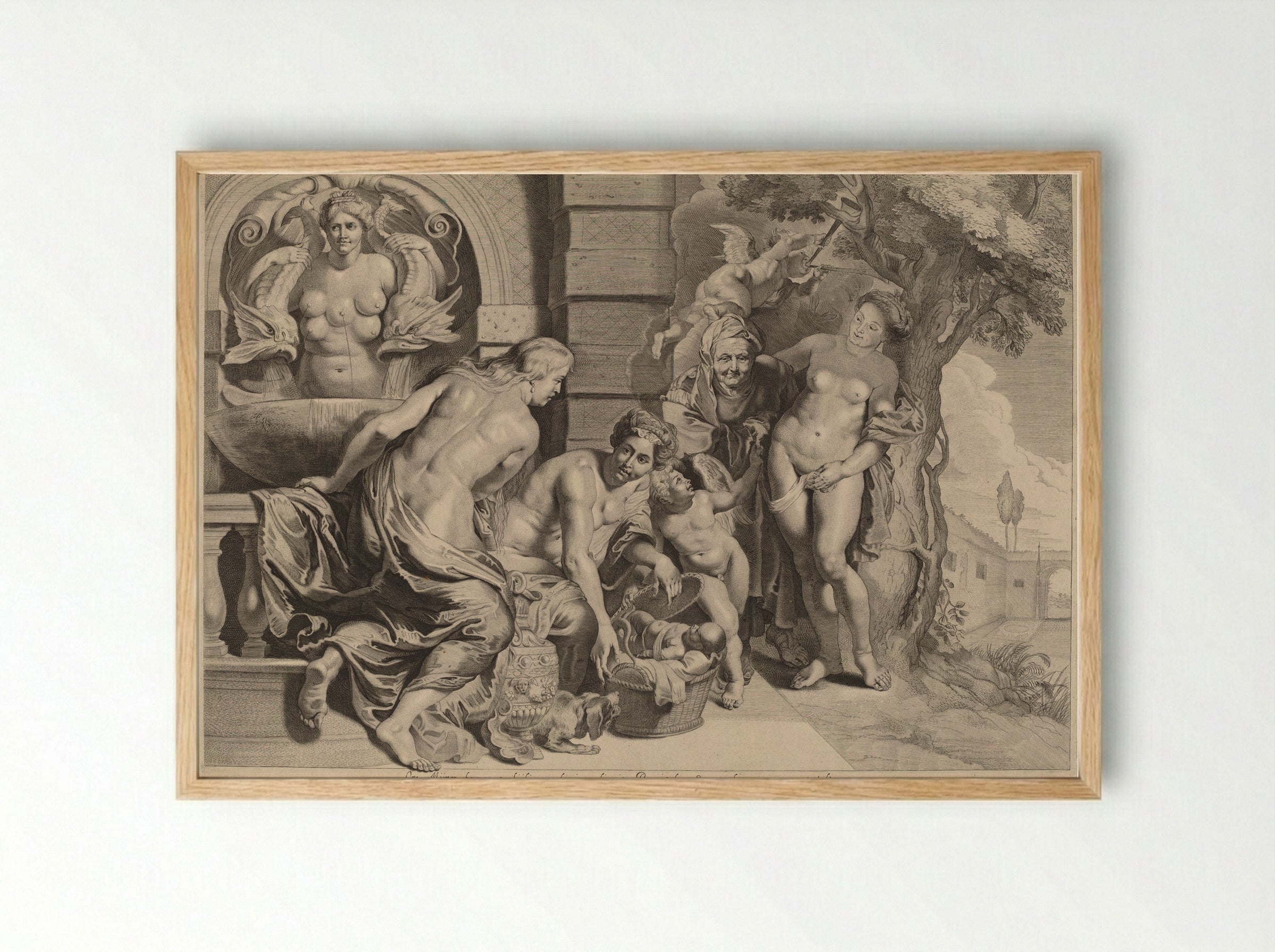 Daughters of Cecrops Disclosing Erichthonius in a Basket - Pieter van Sompel - Framed Print Wood