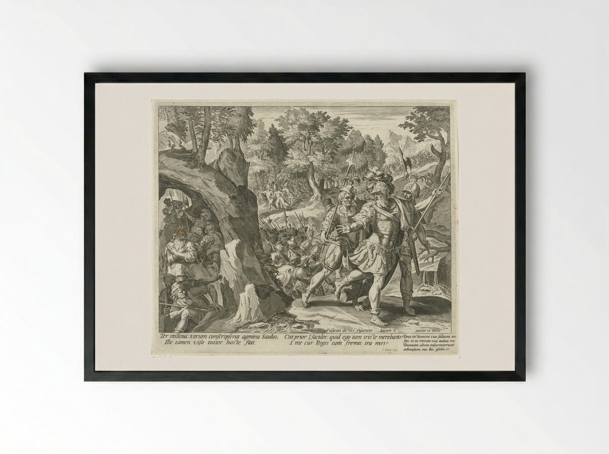 David Hiding from the Army of Saul - Aegidius Sadeler (II) - Framed Print Black