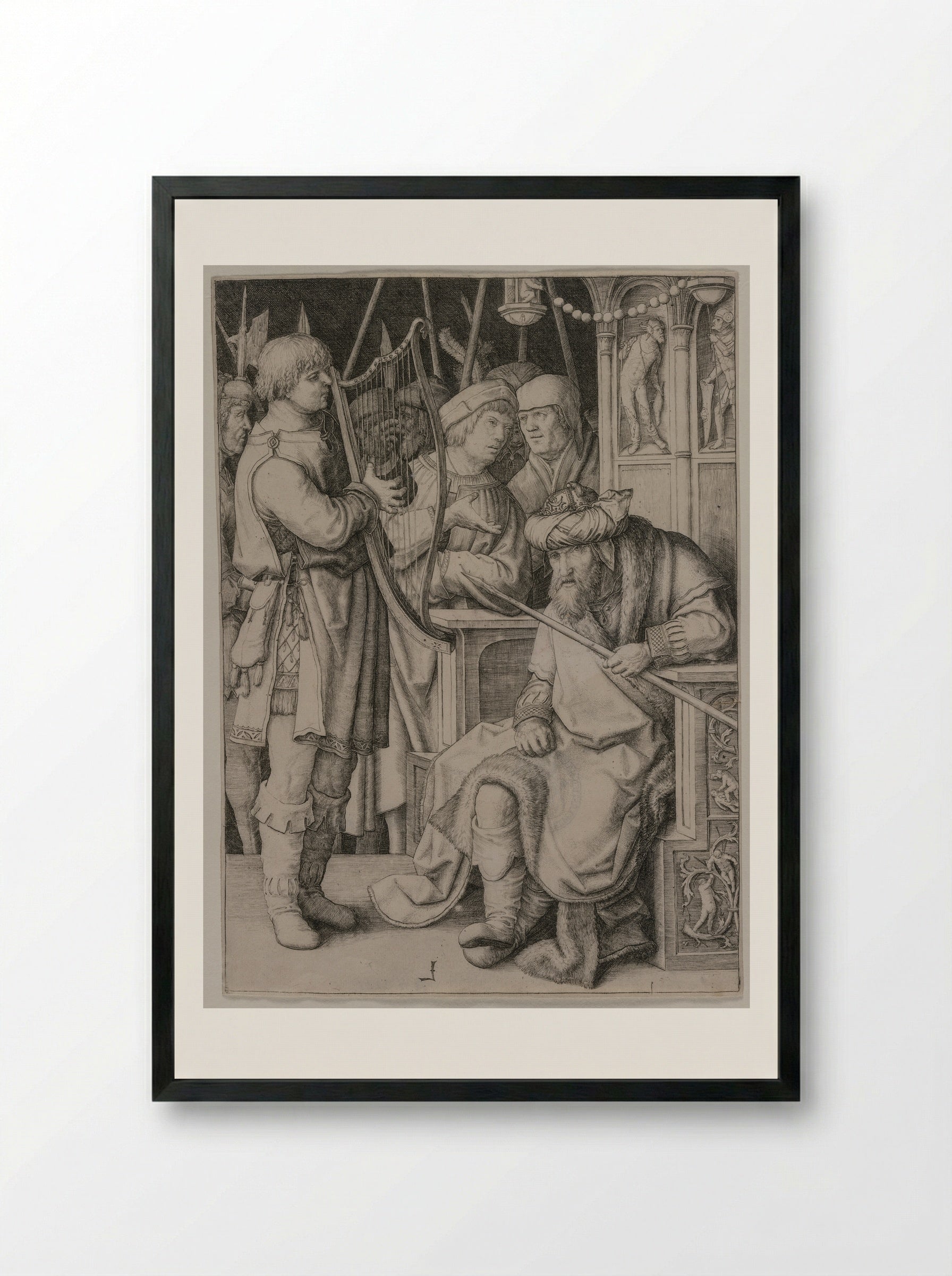 David Playing His Harp before Saul - Lucas van Leyden - Framed Print Black