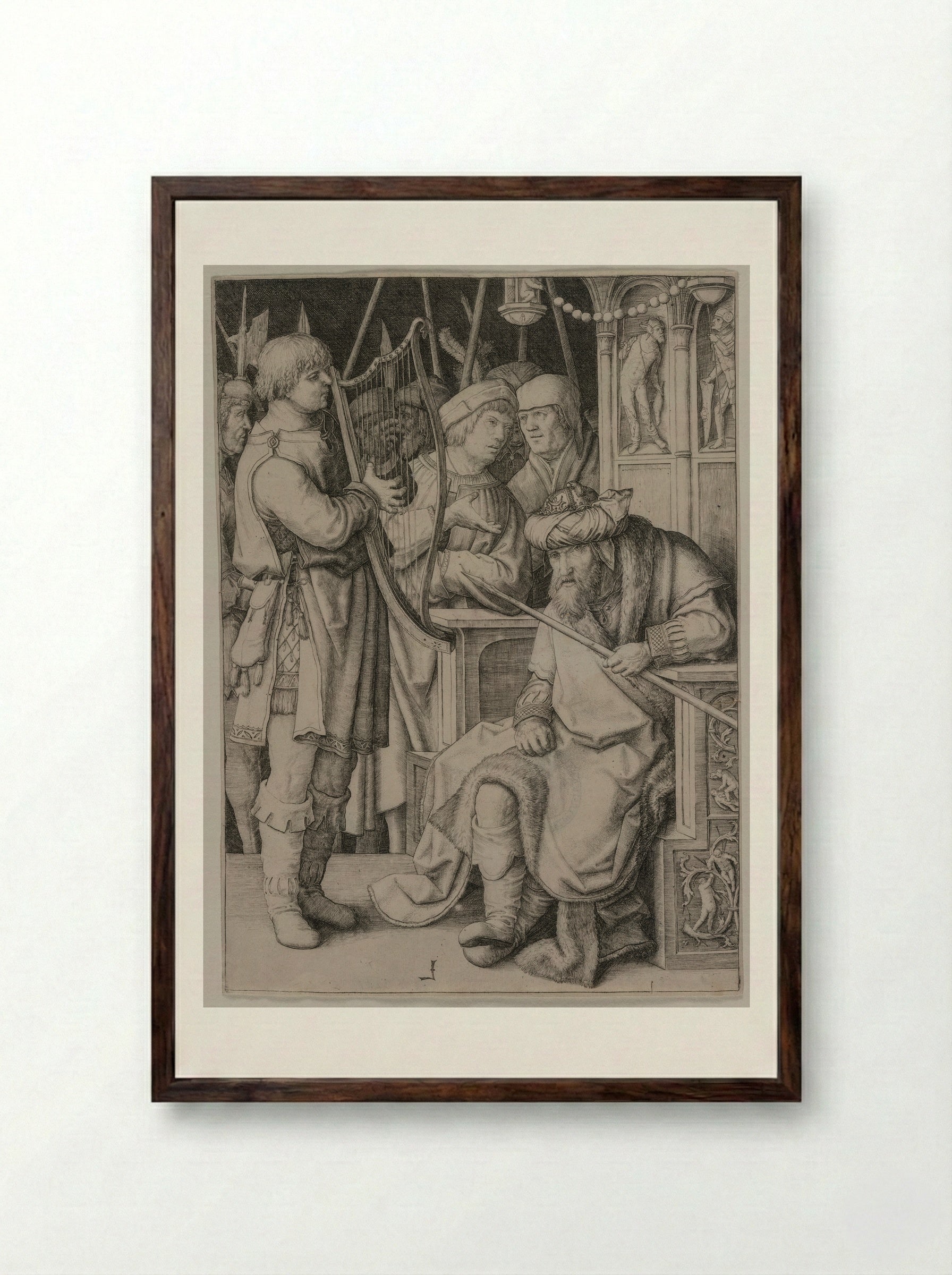 David Playing His Harp before Saul - Lucas van Leyden - Framed Print Dark Wood