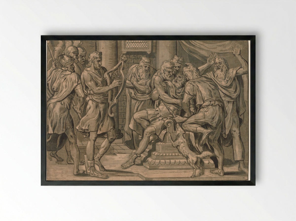 David Playing the Harp before Saul - Frans Floris - Framed Print Black