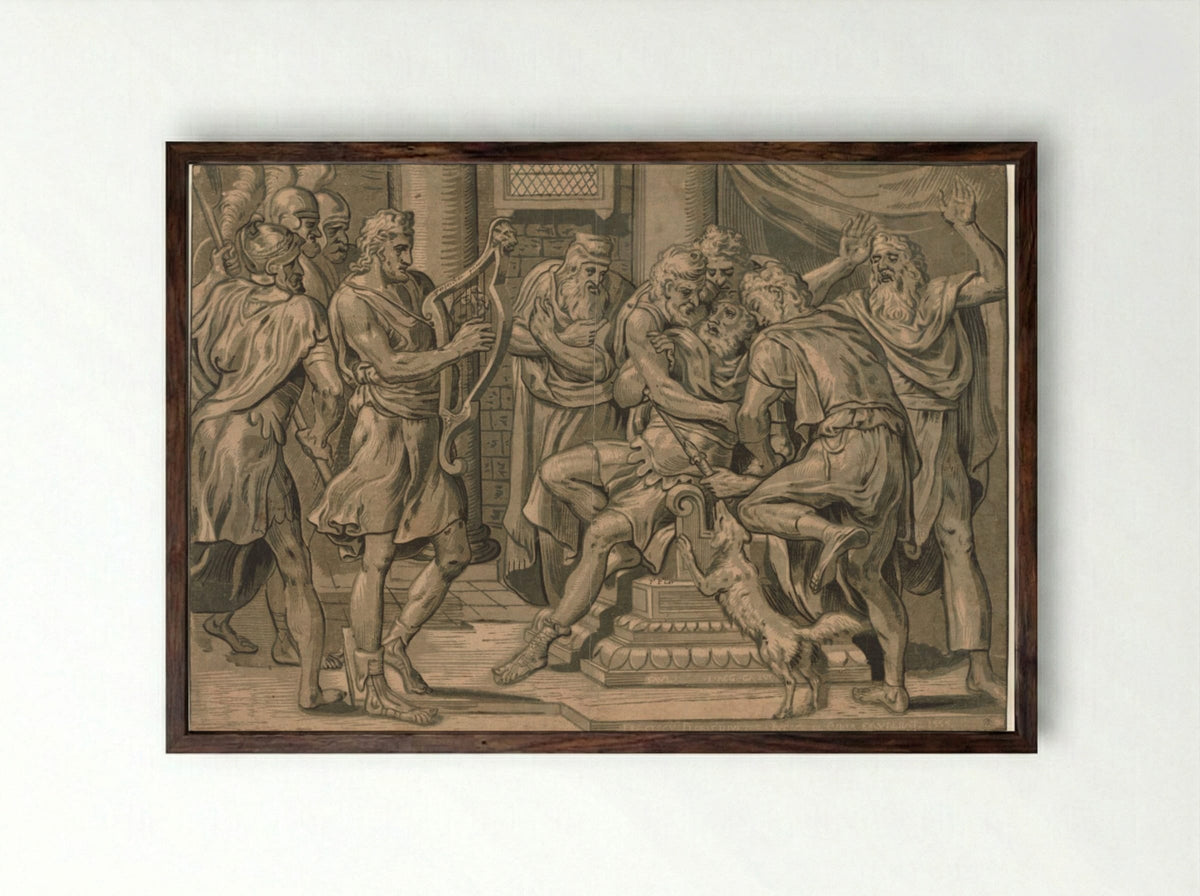 David Playing the Harp before Saul - Frans Floris - Framed Print Dark Wood