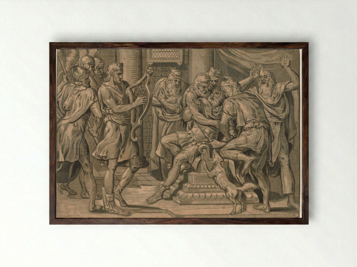 David Playing the Harp before Saul - Frans Floris - Framed Print Dark Wood