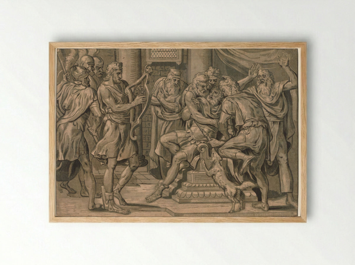 David Playing the Harp before Saul - Frans Floris - Framed Print Wood