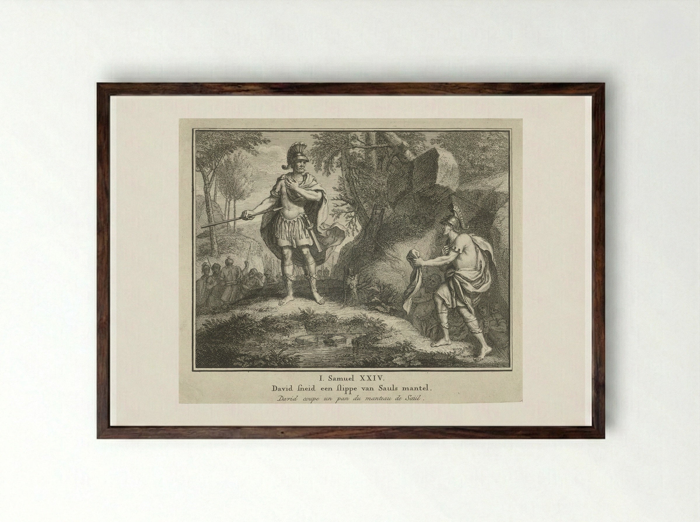 David Showing Saul the Piece of His Mantle - Jacob Folkema - Framed Print Dark Wood