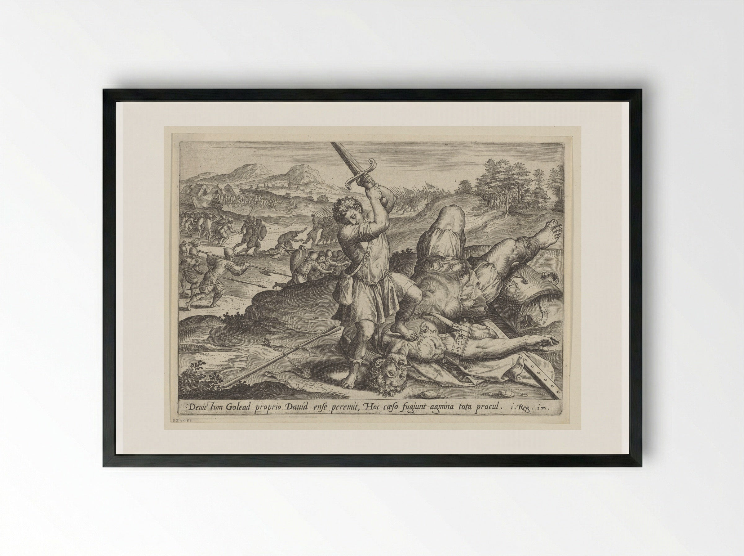 David Slaying Goliath - Hans Collaert the Elder - Framed Print Black