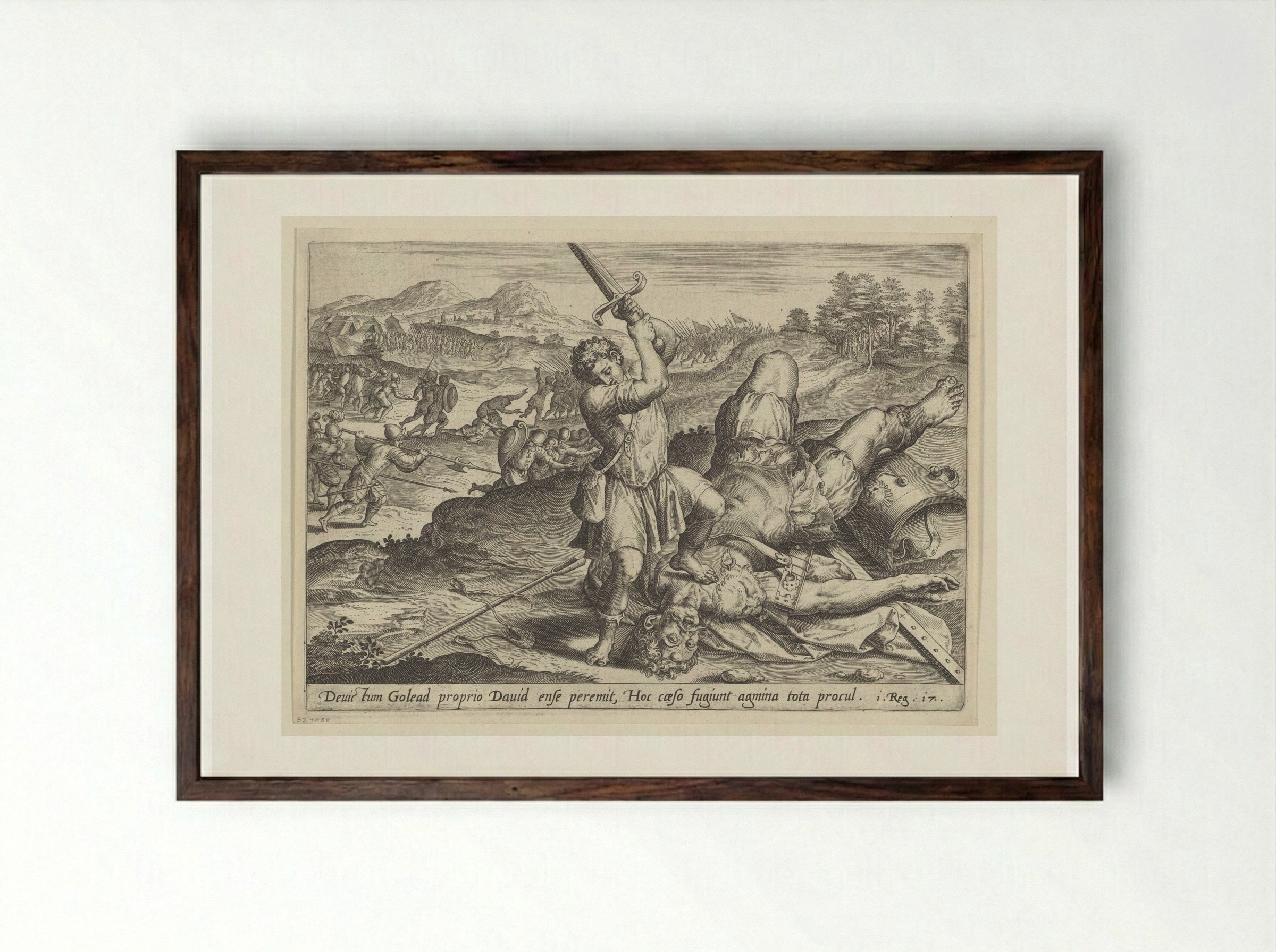 David Slaying Goliath - Hans Collaert the Elder - Framed Print Dark Wood