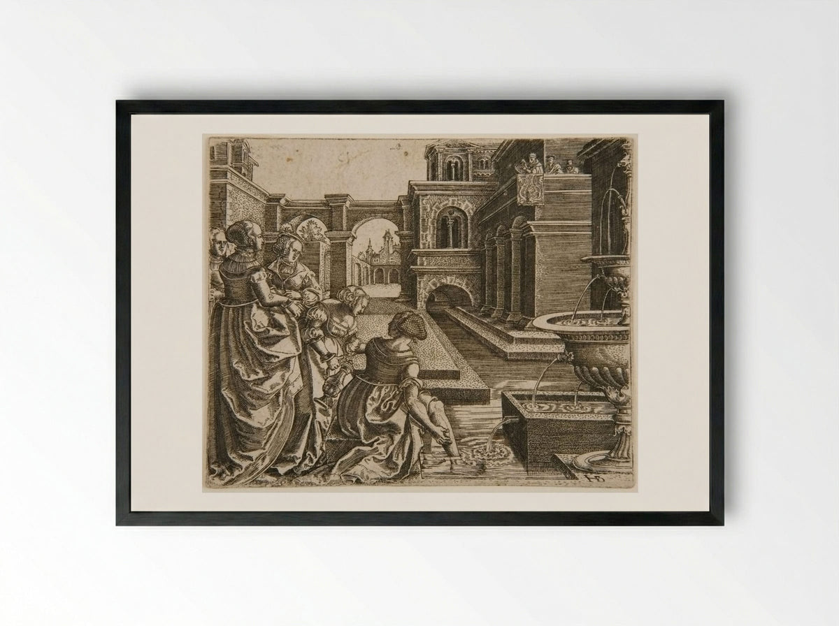 David and Bathsheba - Hans Brosamer - Framed Print Black