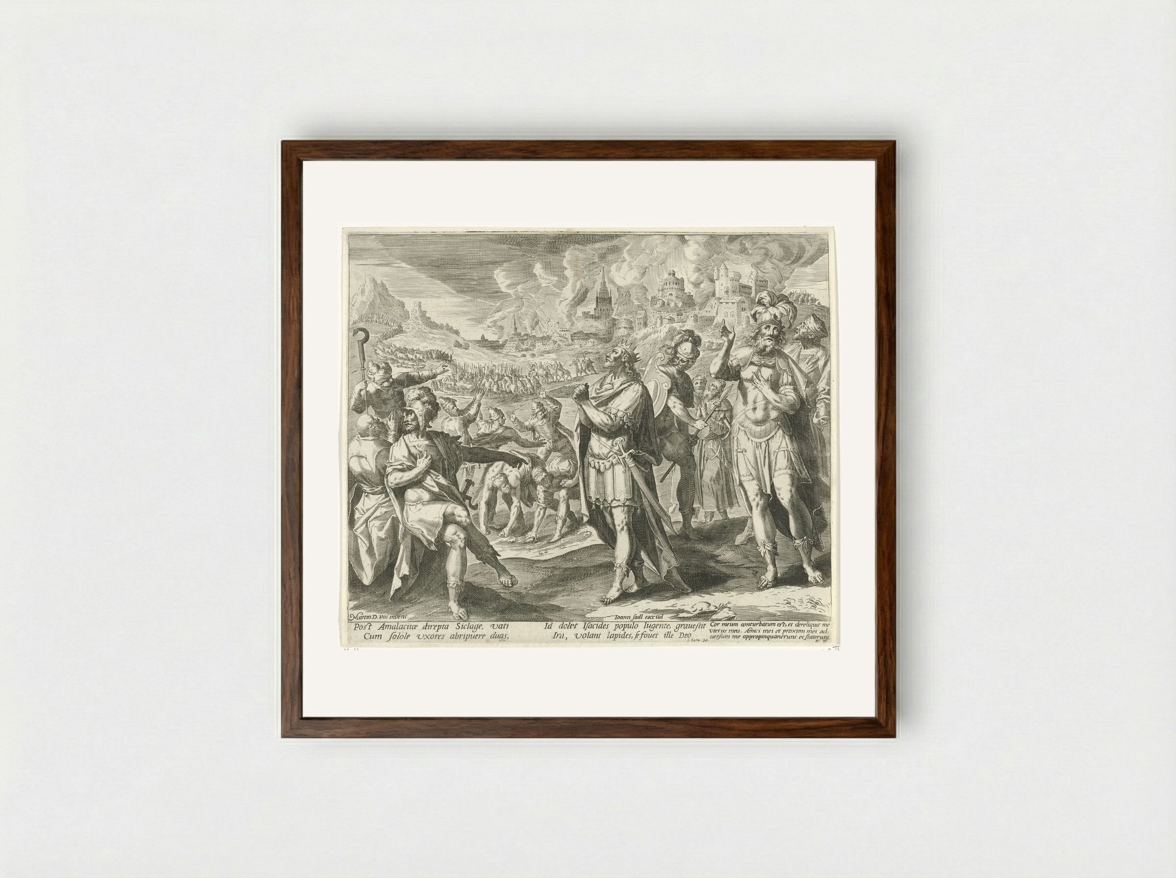 David's Soldiers Threaten to Stone Him - Aegidius Sadeler (II) - Framed Print Dark Wood