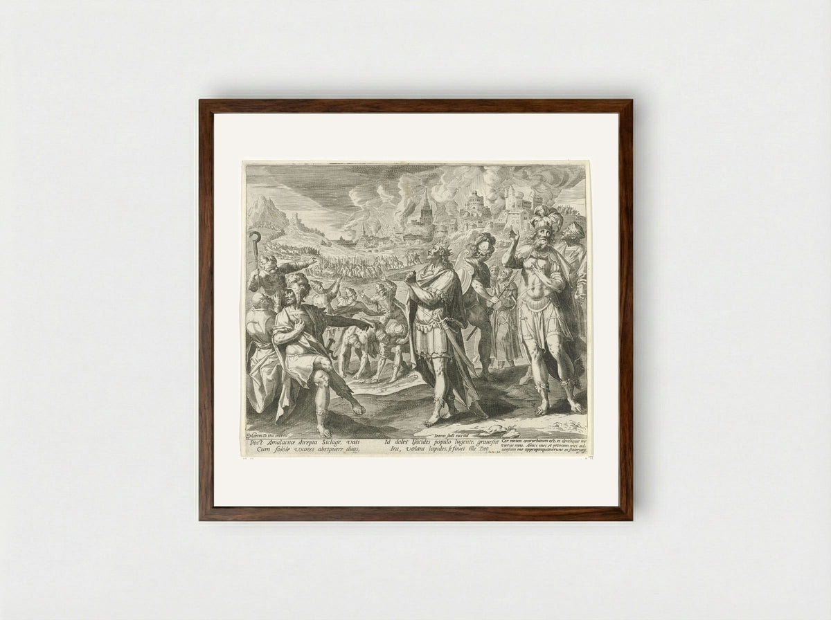 David's Soldiers Threaten to Stone Him - Aegidius Sadeler (II) - Framed Print Dark Wood