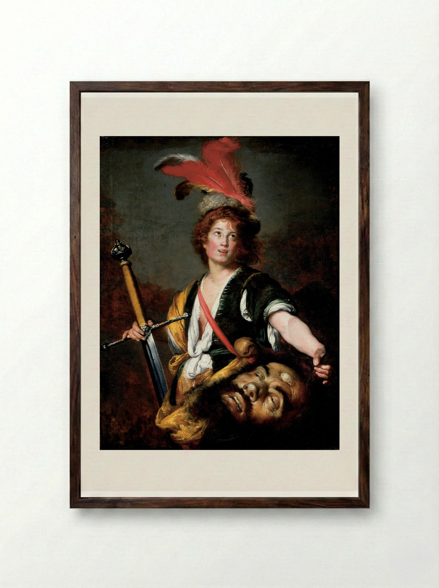 David with the Head of Goliath - Bernardo Strozzi - Framed Print Dark Wood