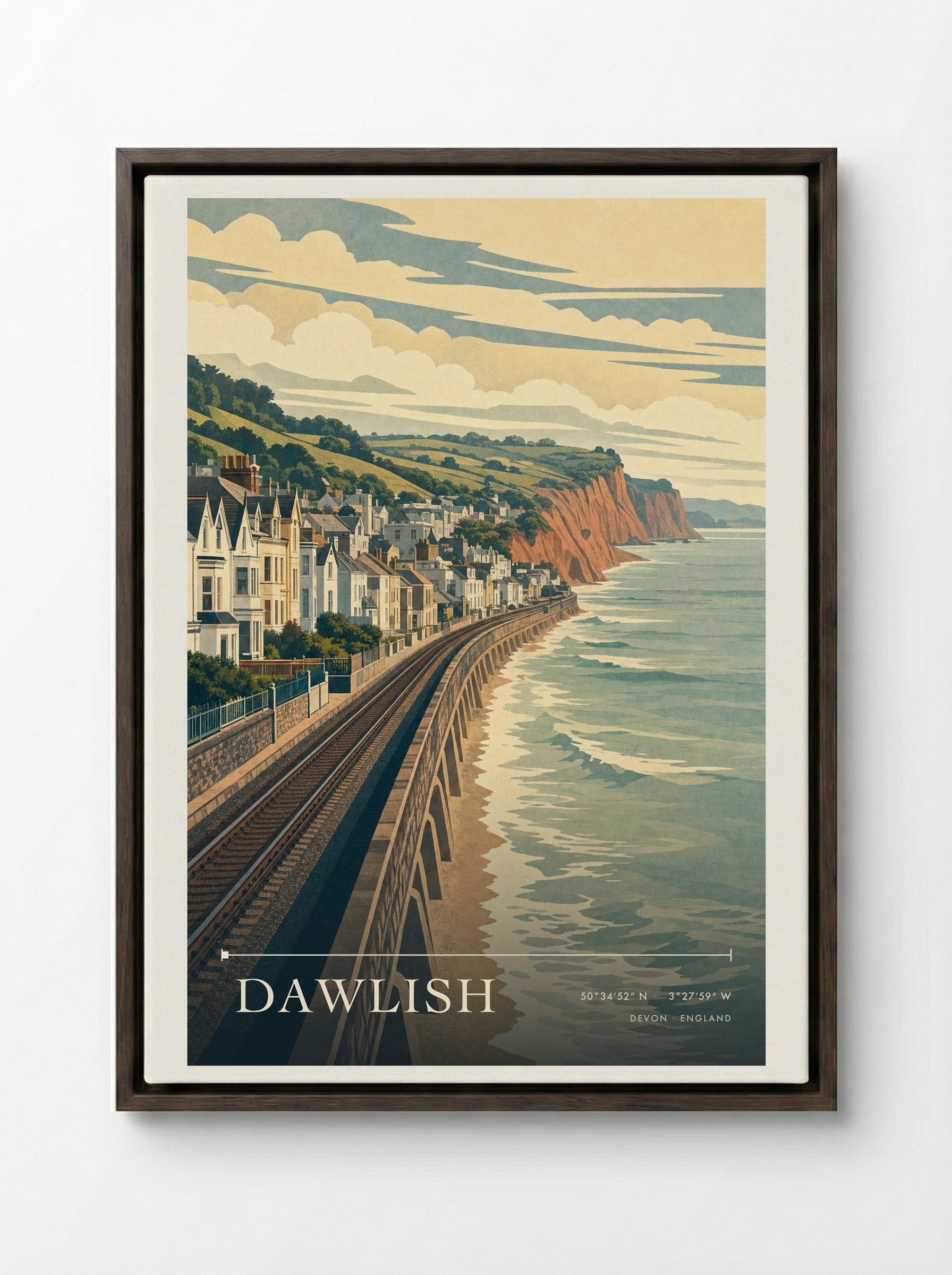 Dawlish Devon England Travel Poster - Framed Canvas Dark Wood