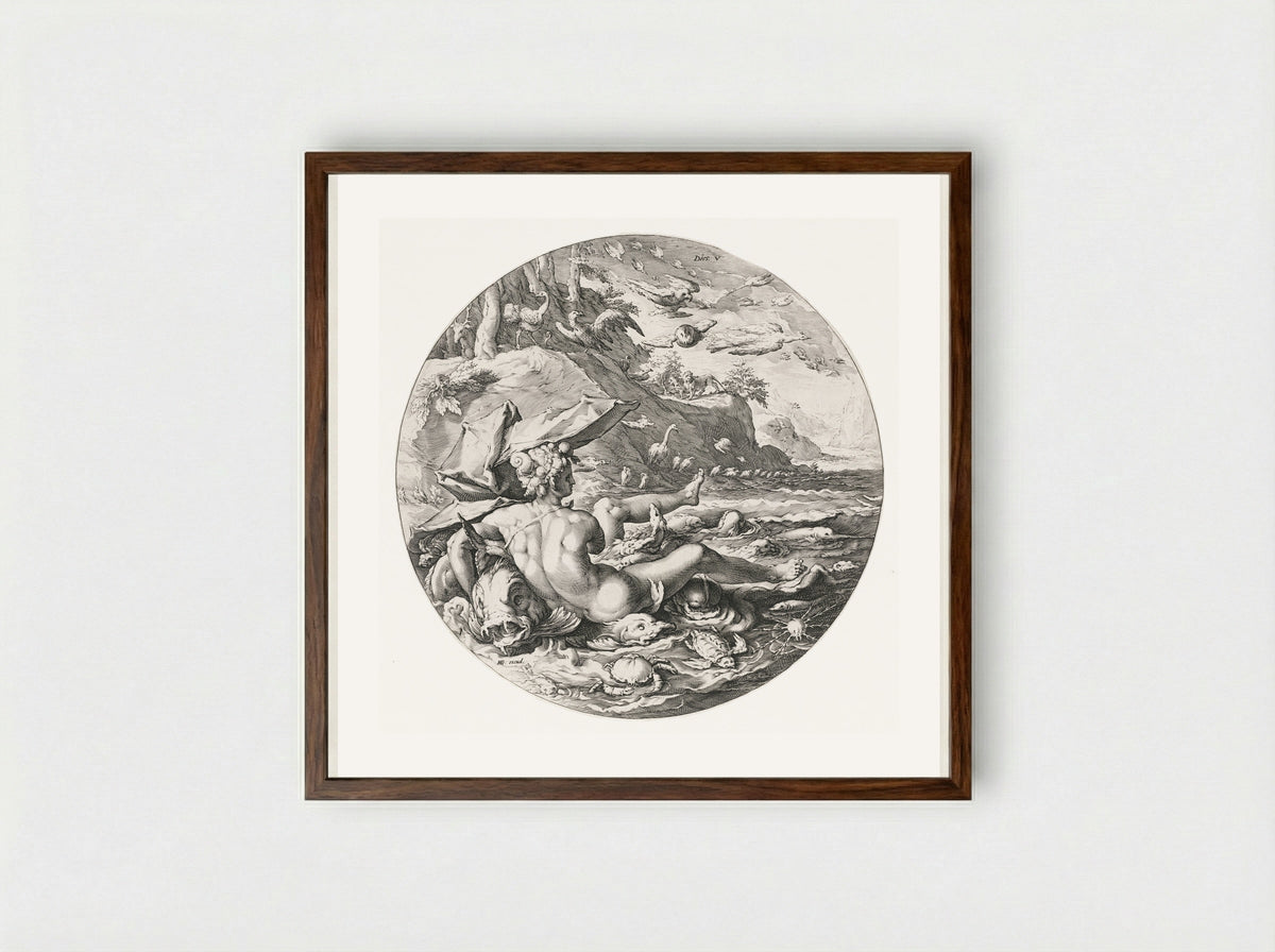 Day V: The Creation of Fish, Birds, and Beasts - Jan Harmensz. Muller - Framed Print Dark Wood