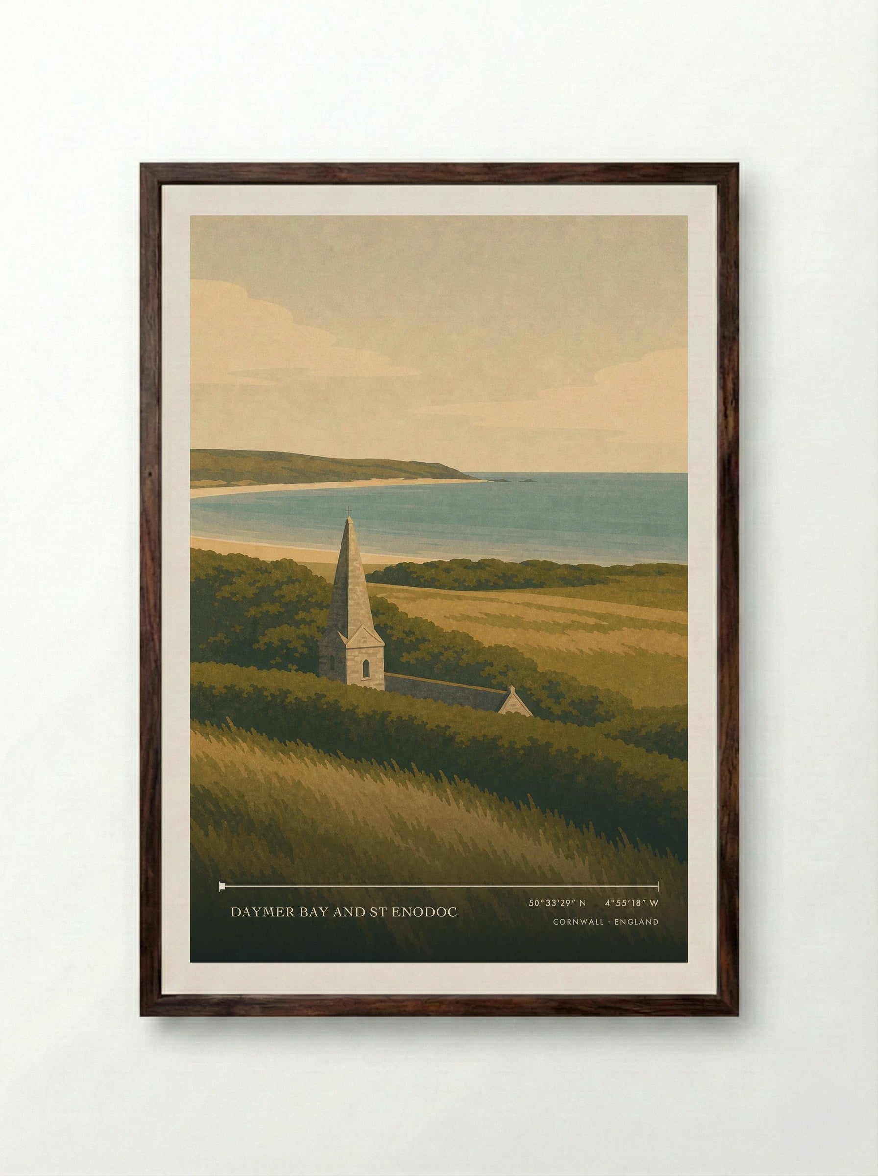 Daymer Bay and St Enodoc Cornwall England Travel Poster - Framed Print Dark Wood