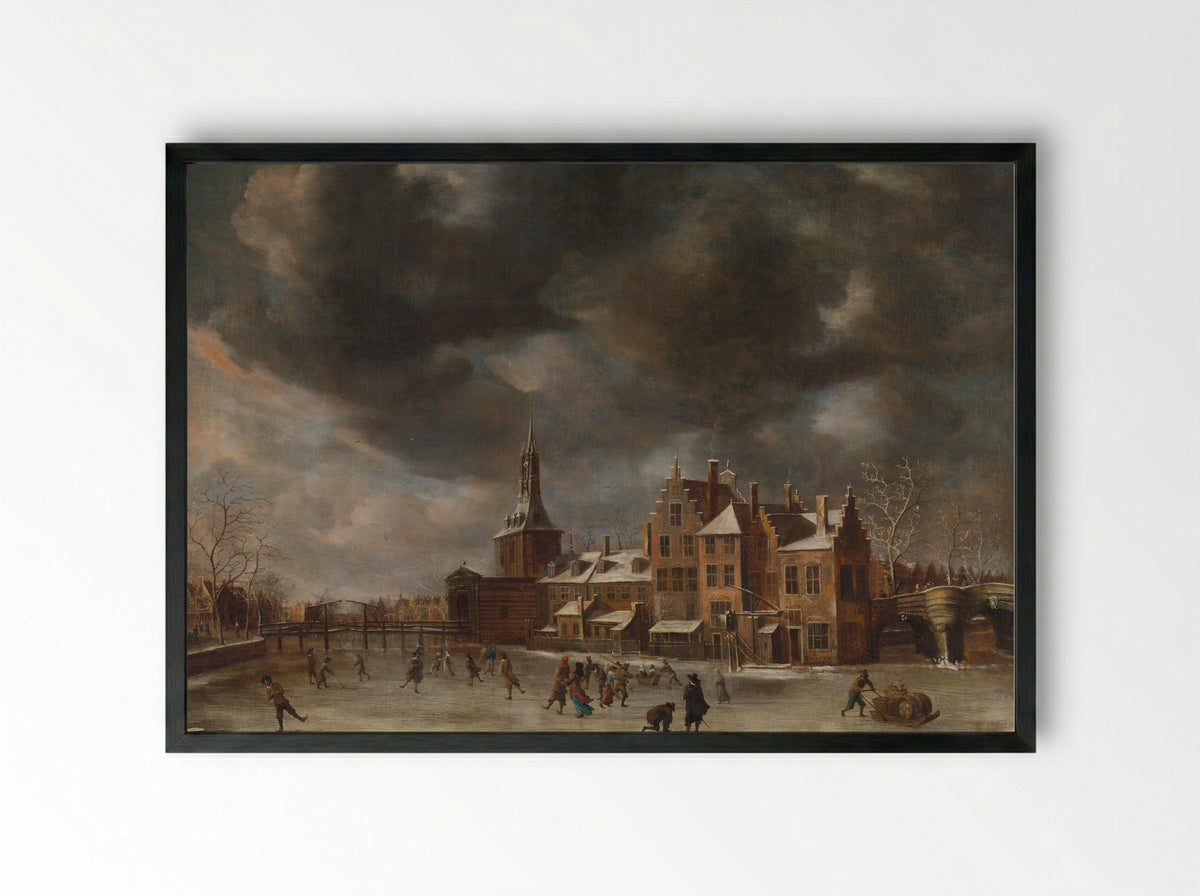 De Blauwpoort te Leiden in de winter - Abraham Beerstraten - Framed Print Black
