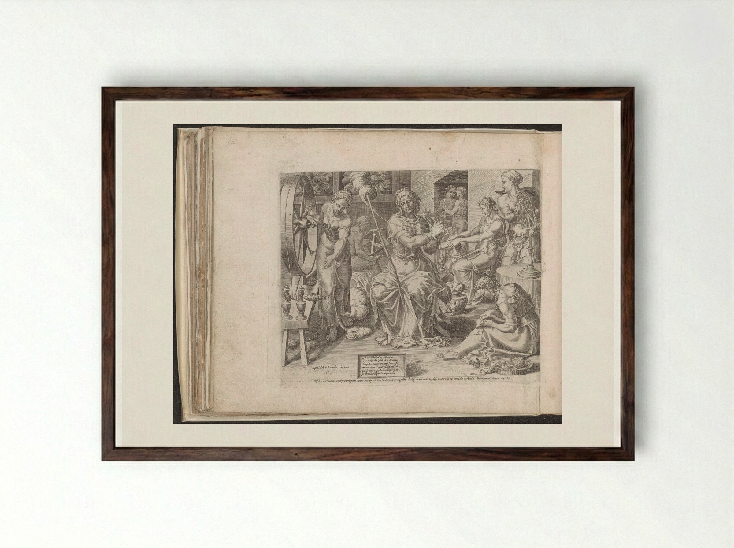De Deugdzame vrouw spint - Dirck Volckertsz. Coornhert - Framed Print Dark Wood