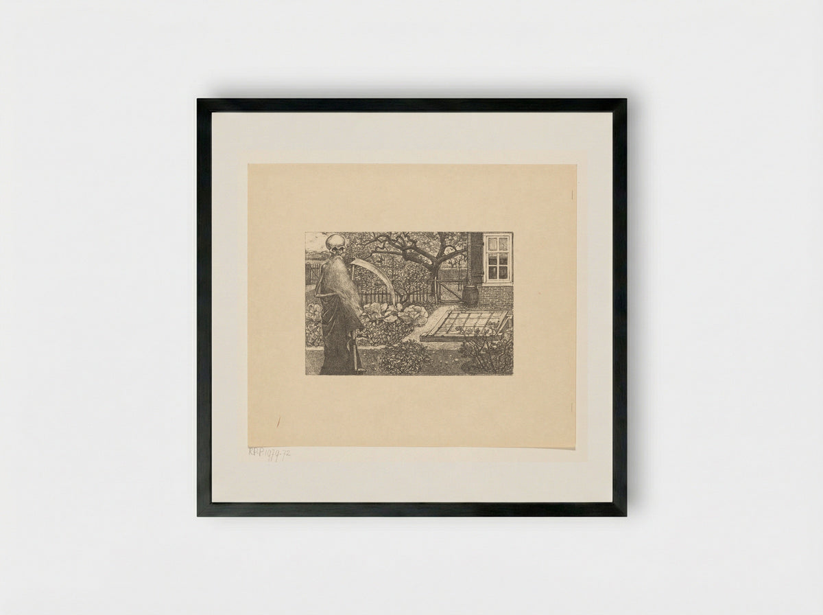 De Dood met een zeis in de tuin van Johannes - Edzard Koning - Framed Print Black