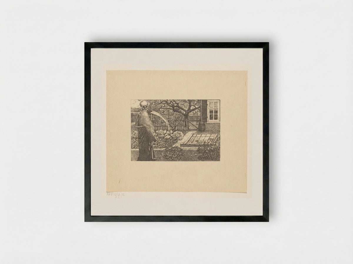 De Dood met een zeis in de tuin van Johannes - Edzard Koning - Framed Print Black