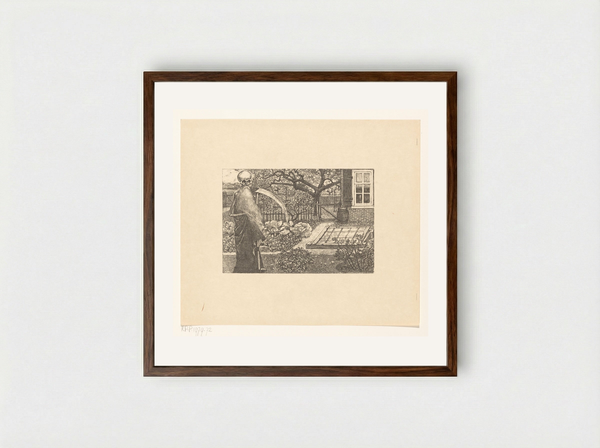 De Dood met een zeis in de tuin van Johannes - Edzard Koning - Framed Print Dark Wood
