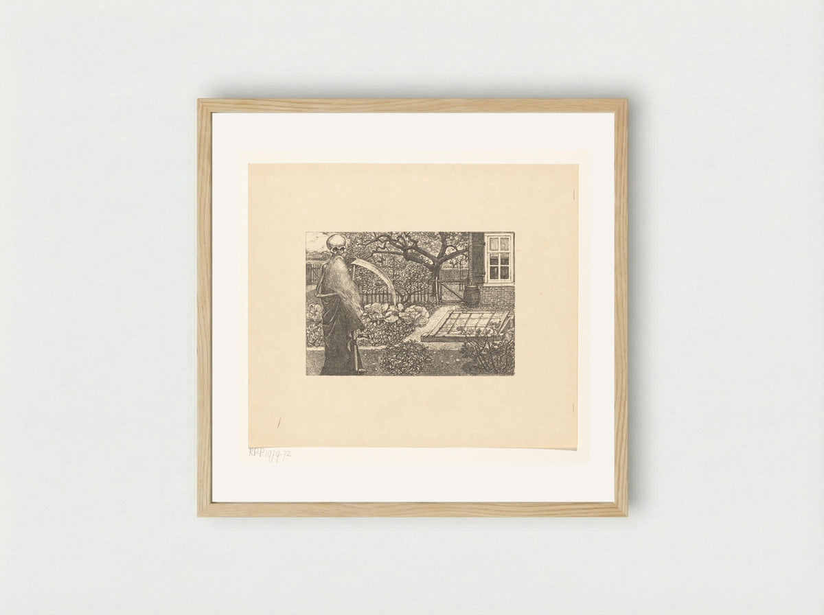 De Dood met een zeis in de tuin van Johannes - Edzard Koning - Framed Print Wood