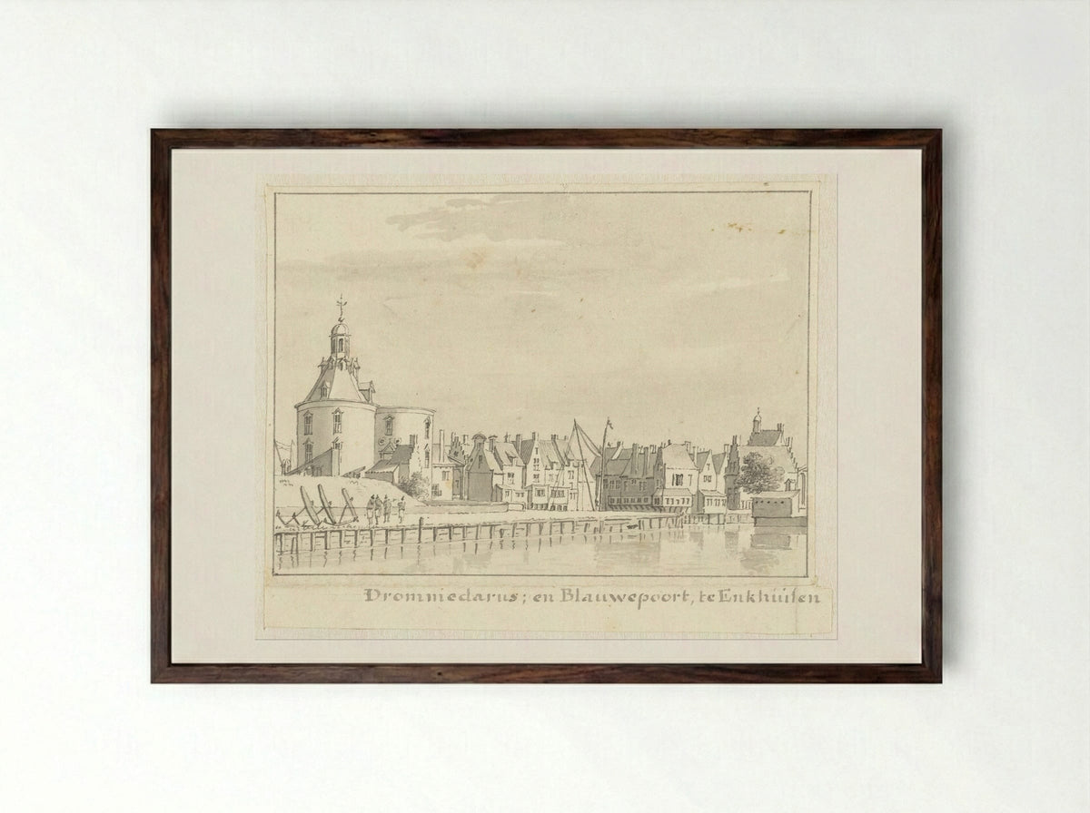 De Drommedaris en Blauwepoort te Enkhuizen - Cornelis Pronk - Framed Print Dark Wood