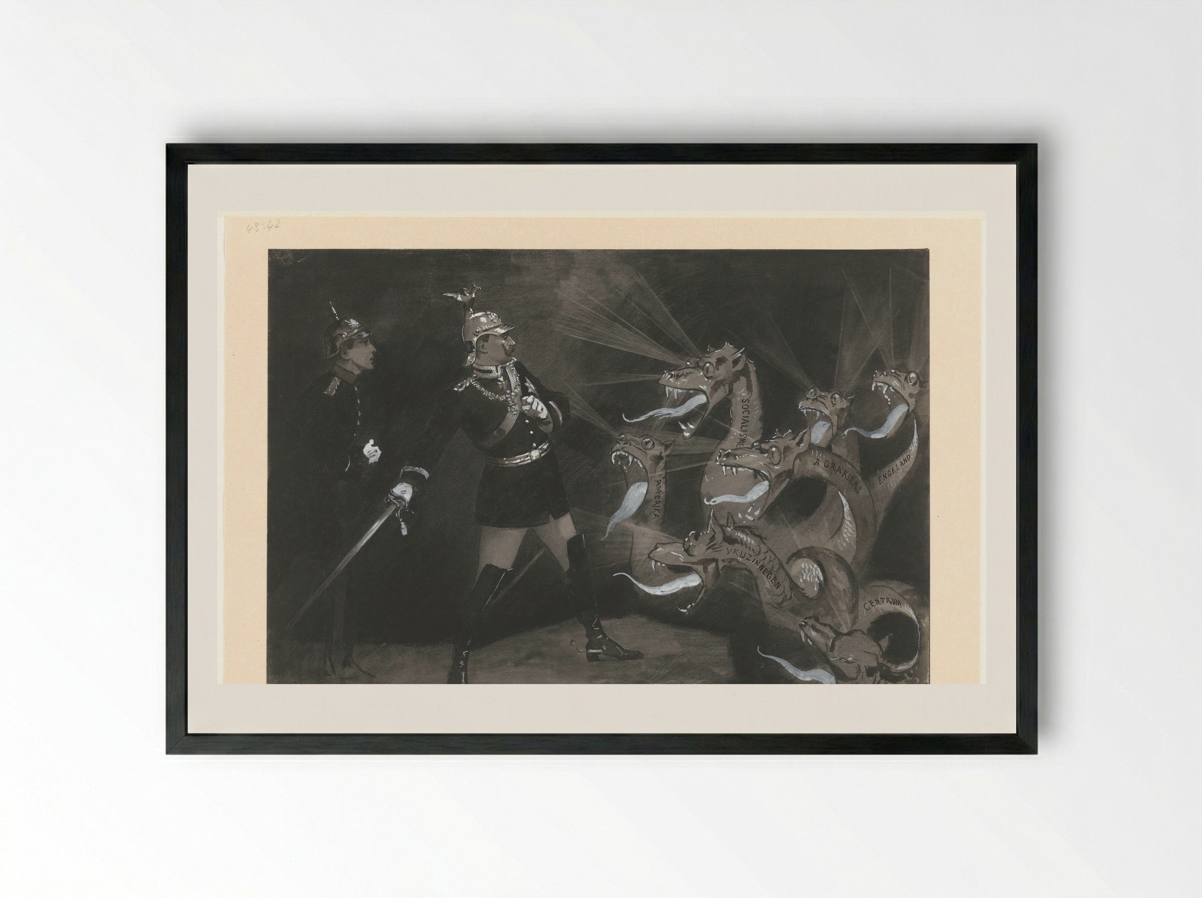 De Duitse Keizer en Kroonprins in hun strijd tegen de Oppositie - Johan Braakensiek - Framed Print Black
