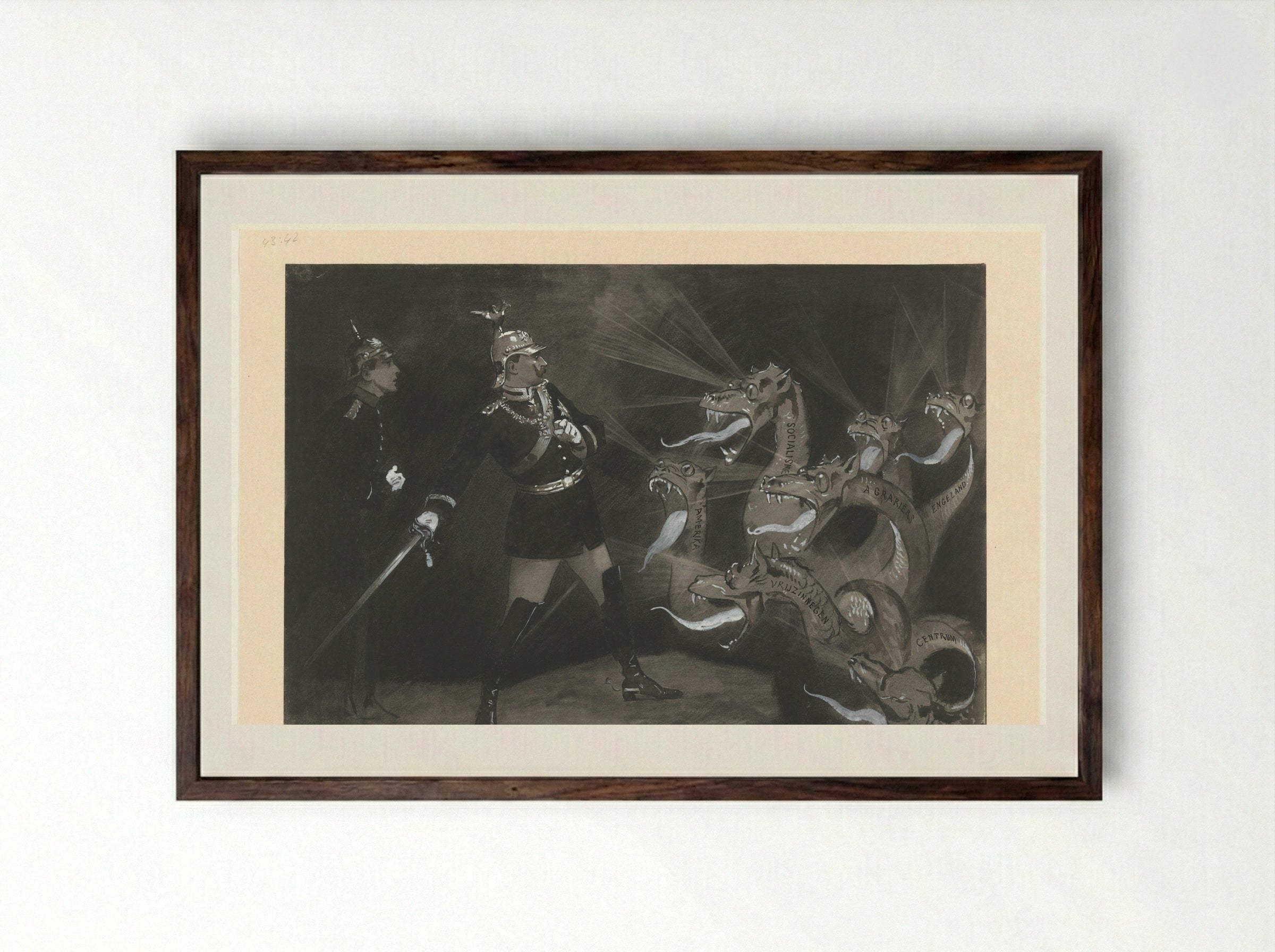 De Duitse Keizer en Kroonprins in hun strijd tegen de Oppositie - Johan Braakensiek - Framed Print Dark Wood