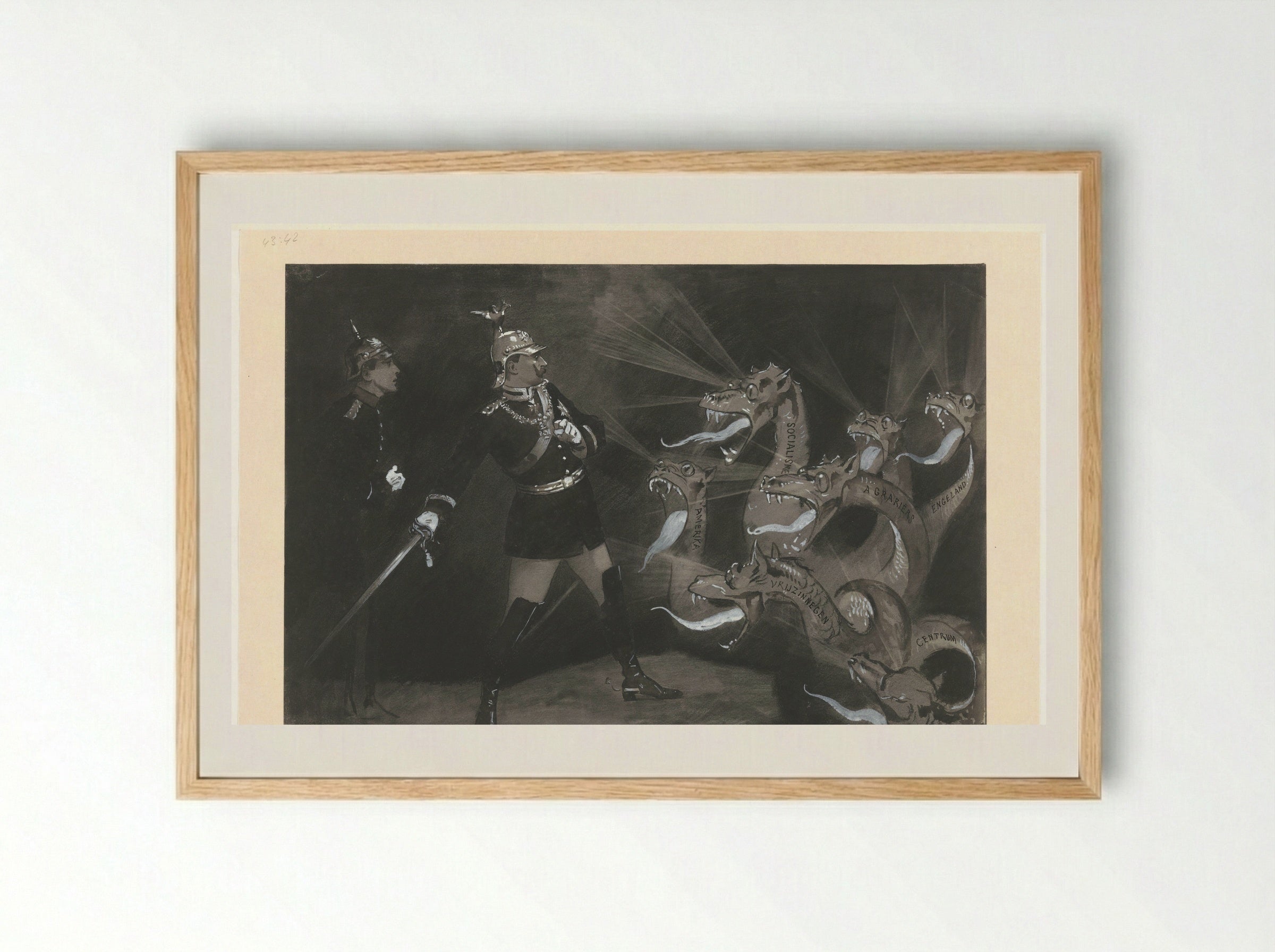De Duitse Keizer en Kroonprins in hun strijd tegen de Oppositie - Johan Braakensiek - Framed Print Wood