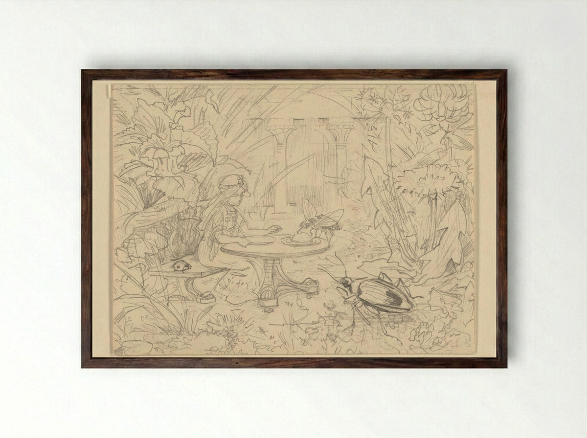 De Grasprinses aan een tafel met insecten - Edzard Koning - Framed Print Dark Wood