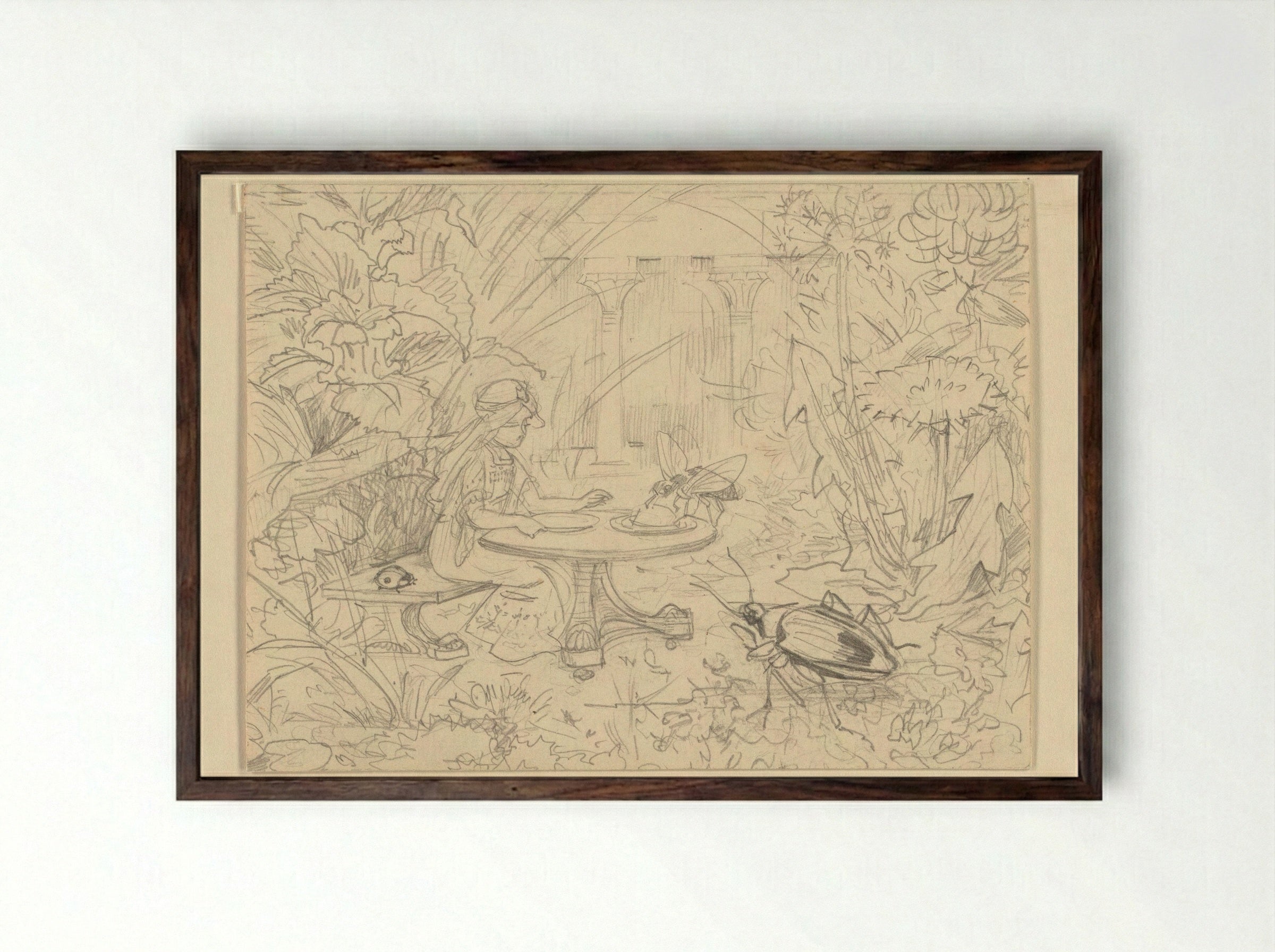 De Grasprinses aan een tafel met insecten - Edzard Koning - Framed Print Dark Wood