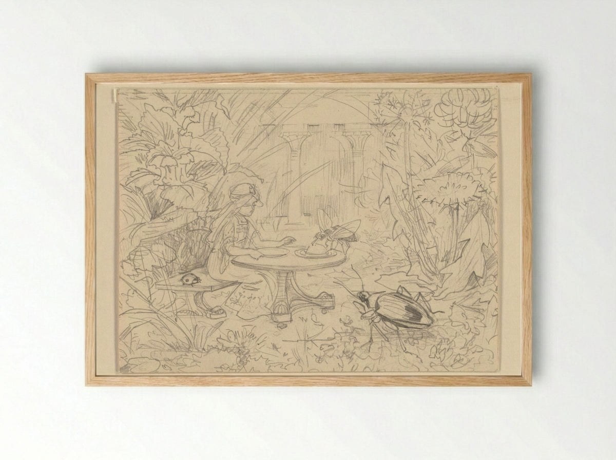 De Grasprinses aan een tafel met insecten - Edzard Koning - Framed Print Wood