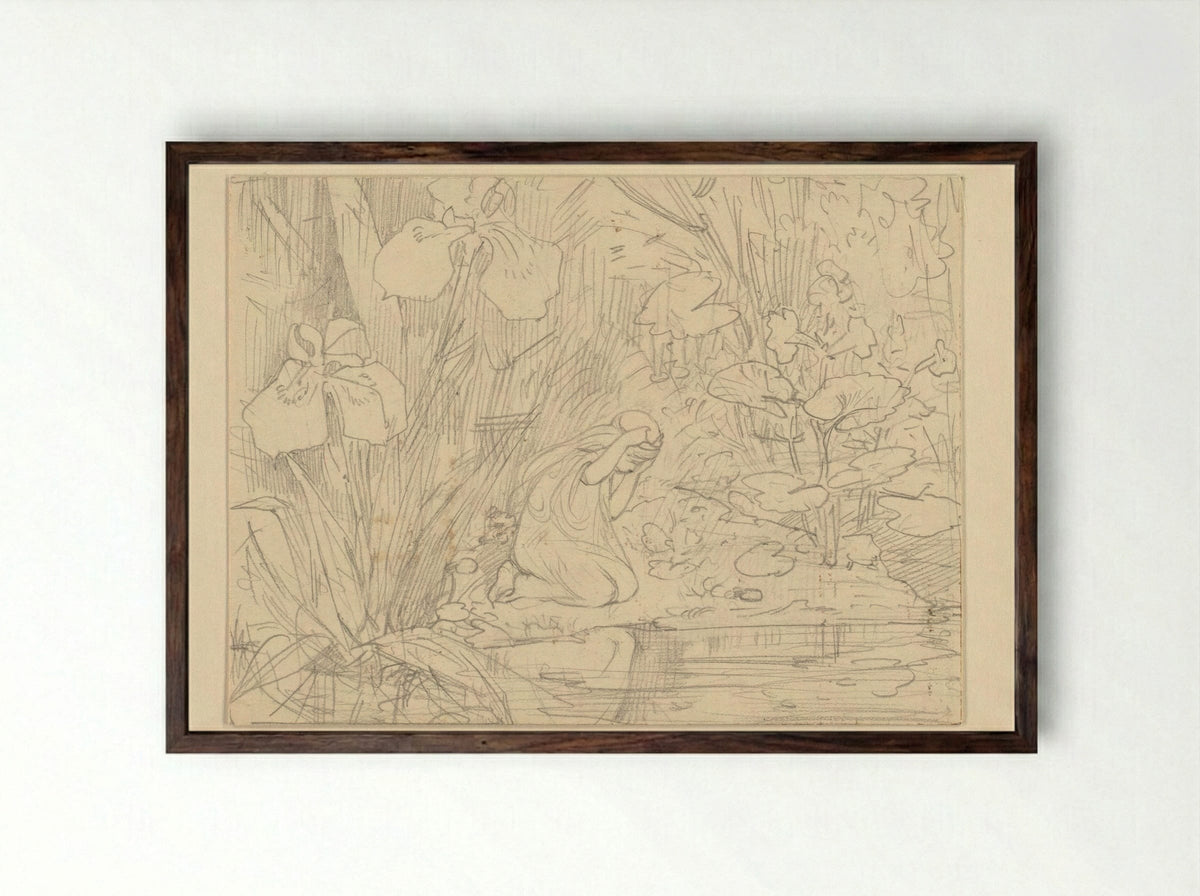 De Grasprinses geknield bij een vijver - Edzard Koning - Framed Print Dark Wood
