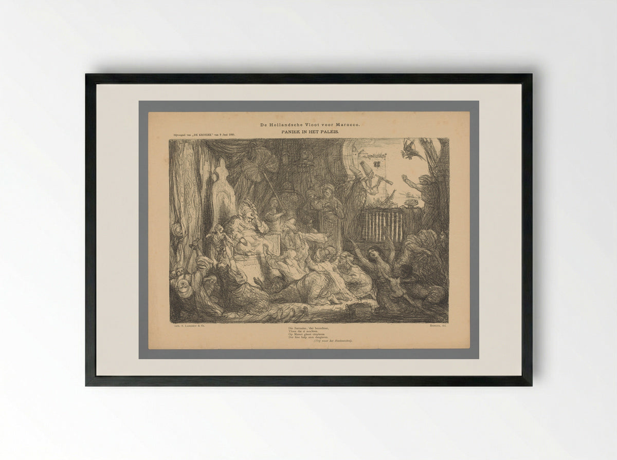 De Hollandsche Vloot voor Marocco. Paniek in het paleis - Cornelis Marinus van Gogh - Framed Print Black