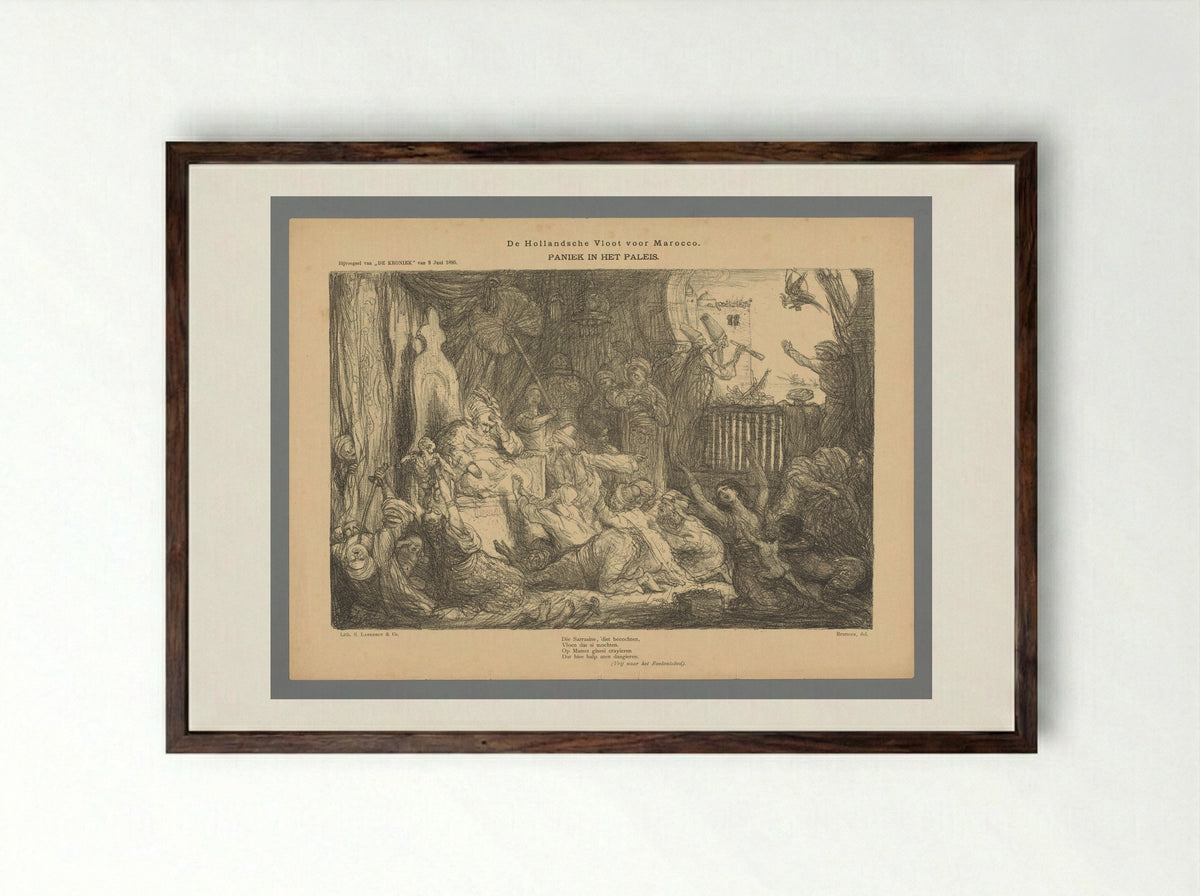 De Hollandsche Vloot voor Marocco. Paniek in het paleis - Cornelis Marinus van Gogh - Framed Print Dark Wood