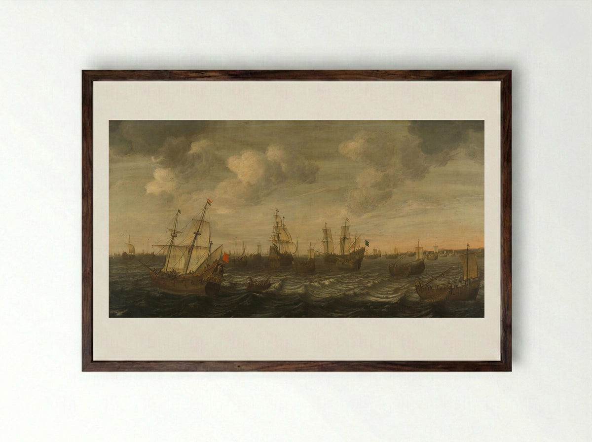 De Hollandse haringvleet aan de vleet - Cornelis Beelt - Framed Print Dark Wood