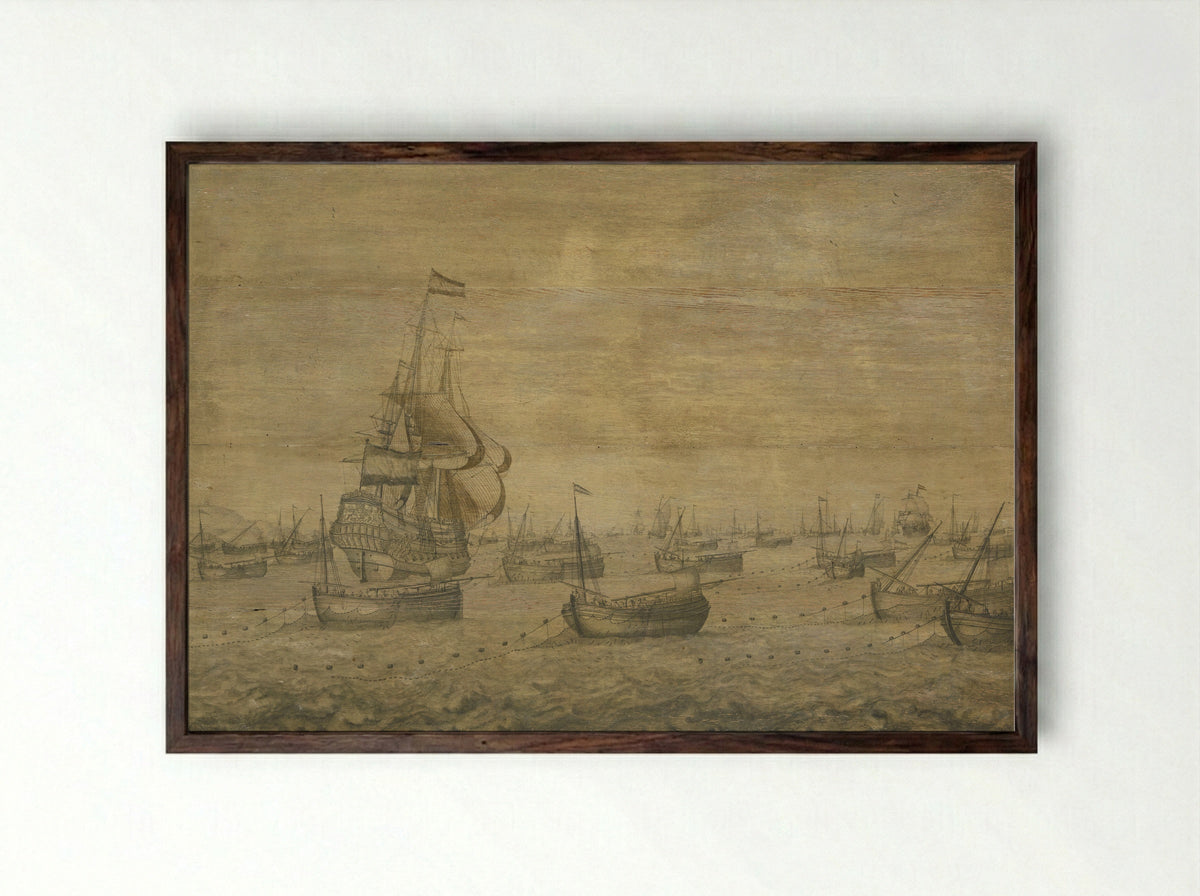 De Hollandse haringvloot aan de vleet - Pieter Vogelaer - Framed Print Dark Wood