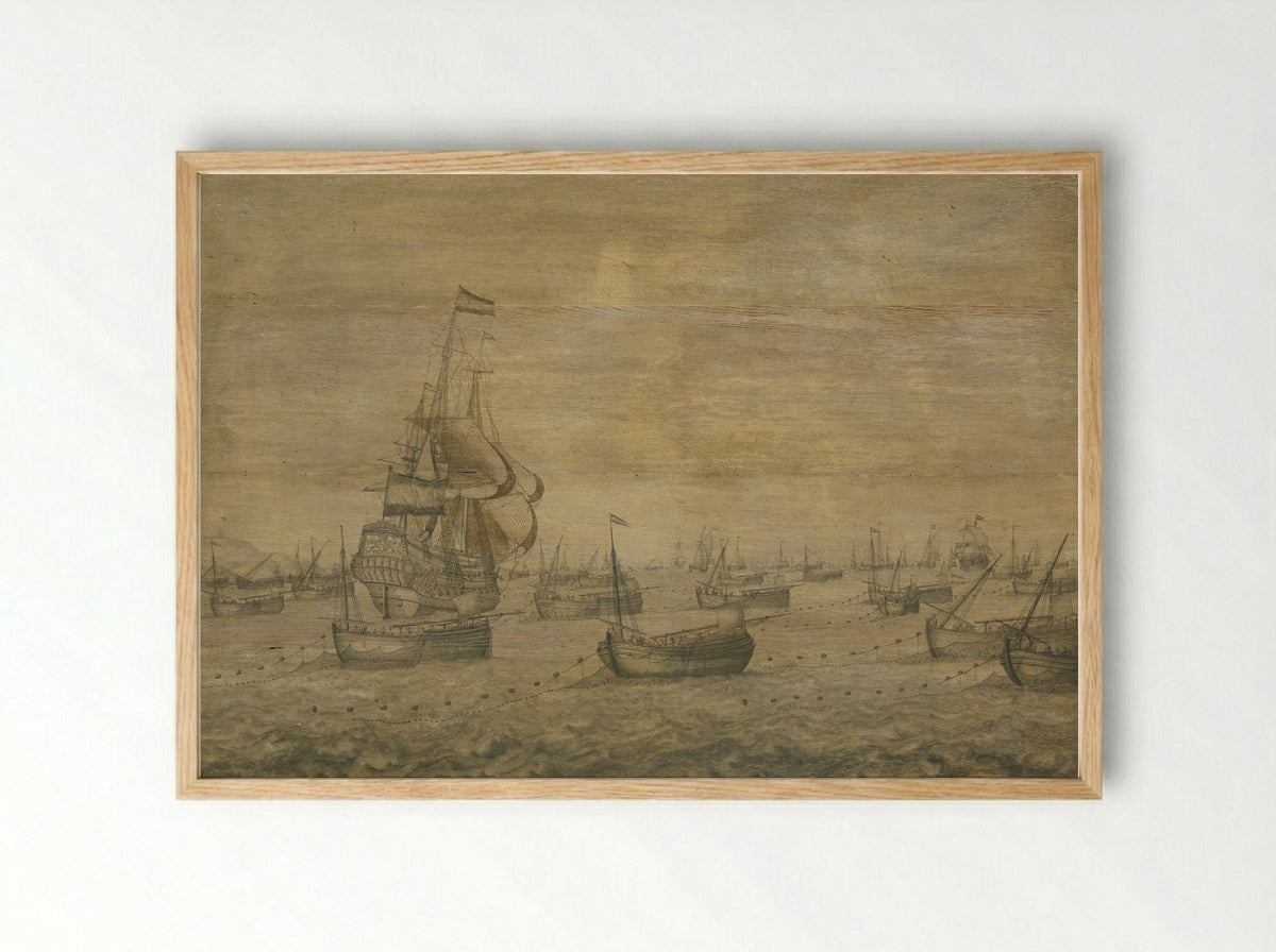 De Hollandse haringvloot aan de vleet - Pieter Vogelaer - Framed Print Wood