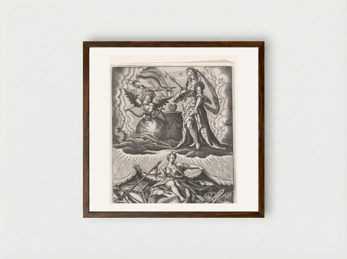 De Liefde overwint alles - Johann Theodor de Bry - Framed Print Dark Wood