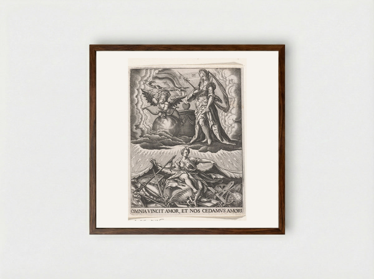 De Liefde overwint alles - Johann Theodor de Bry - Framed Print Dark Wood