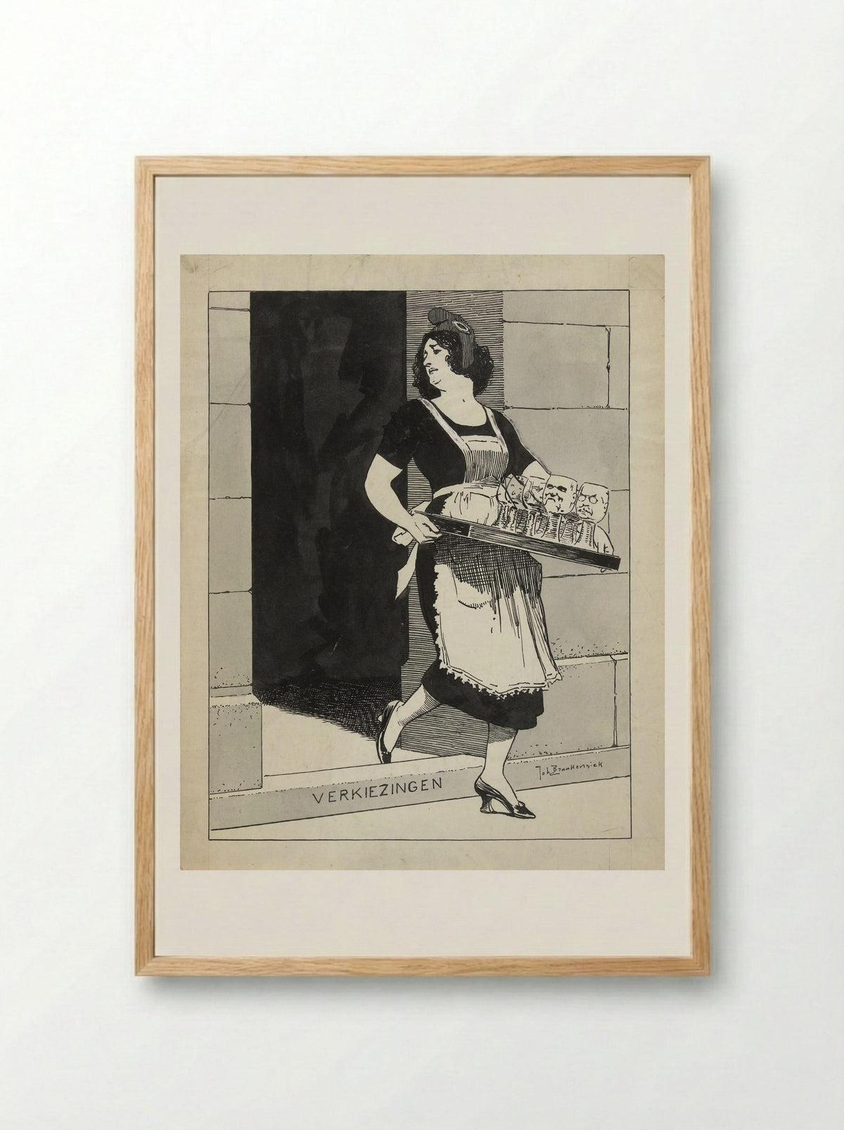 De Nederlandse Maagd als dienstmeid met een blad glazen struikelt over het afstapje Verkiezingen - Johan Braakensiek - Framed Print Wood