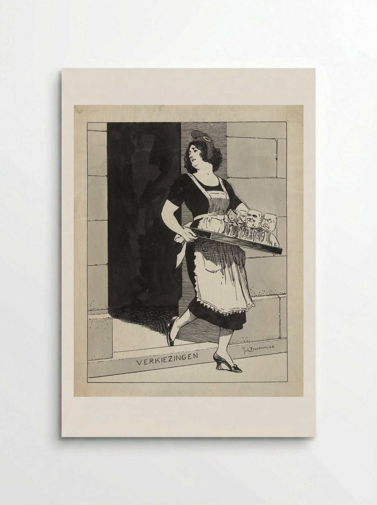 De Nederlandse Maagd als dienstmeid met een blad glazen struikelt over het afstapje Verkiezingen - Johan Braakensiek - Poster