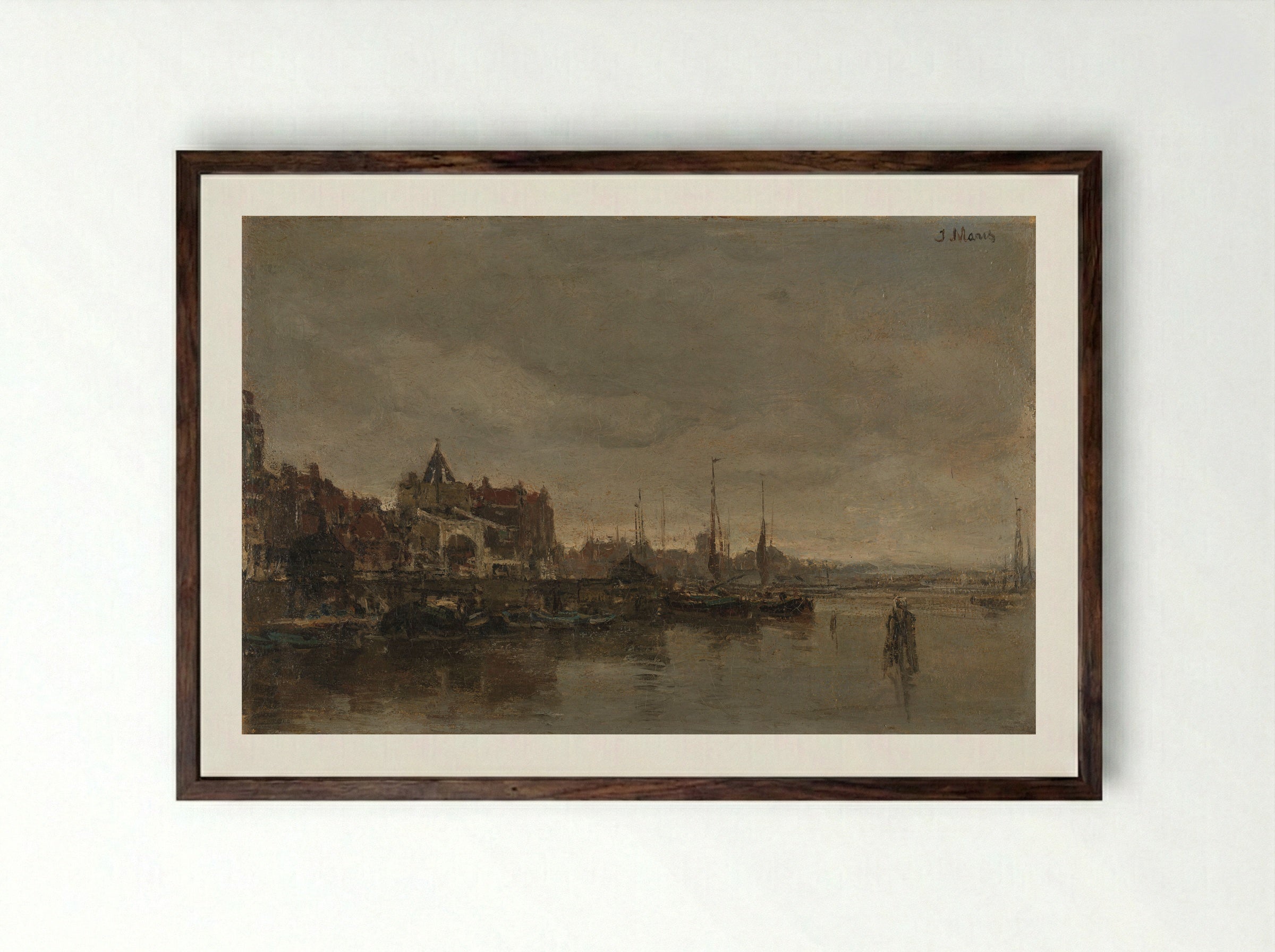 De Schreierstoren met de brug over de Gelderse Kade te Amsterdam - Jacob Maris - Framed Print Dark Wood