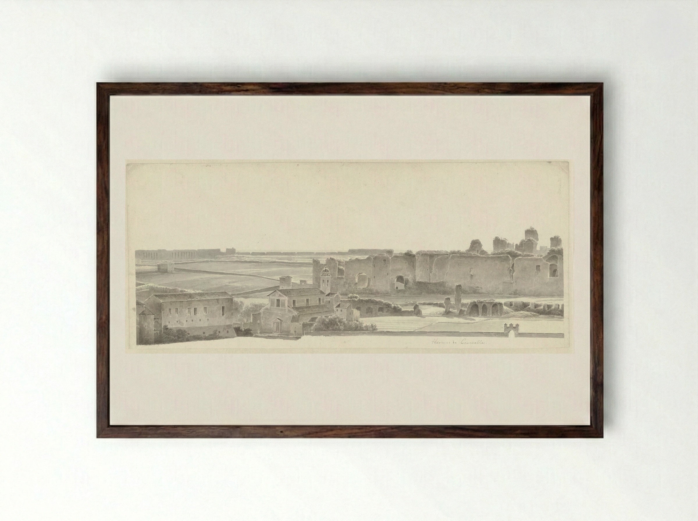 De Thermen van Caracalla en twee kapitelen in de Villa Mattei in Rome - Josephus Augustus Knip - Framed Print Dark Wood