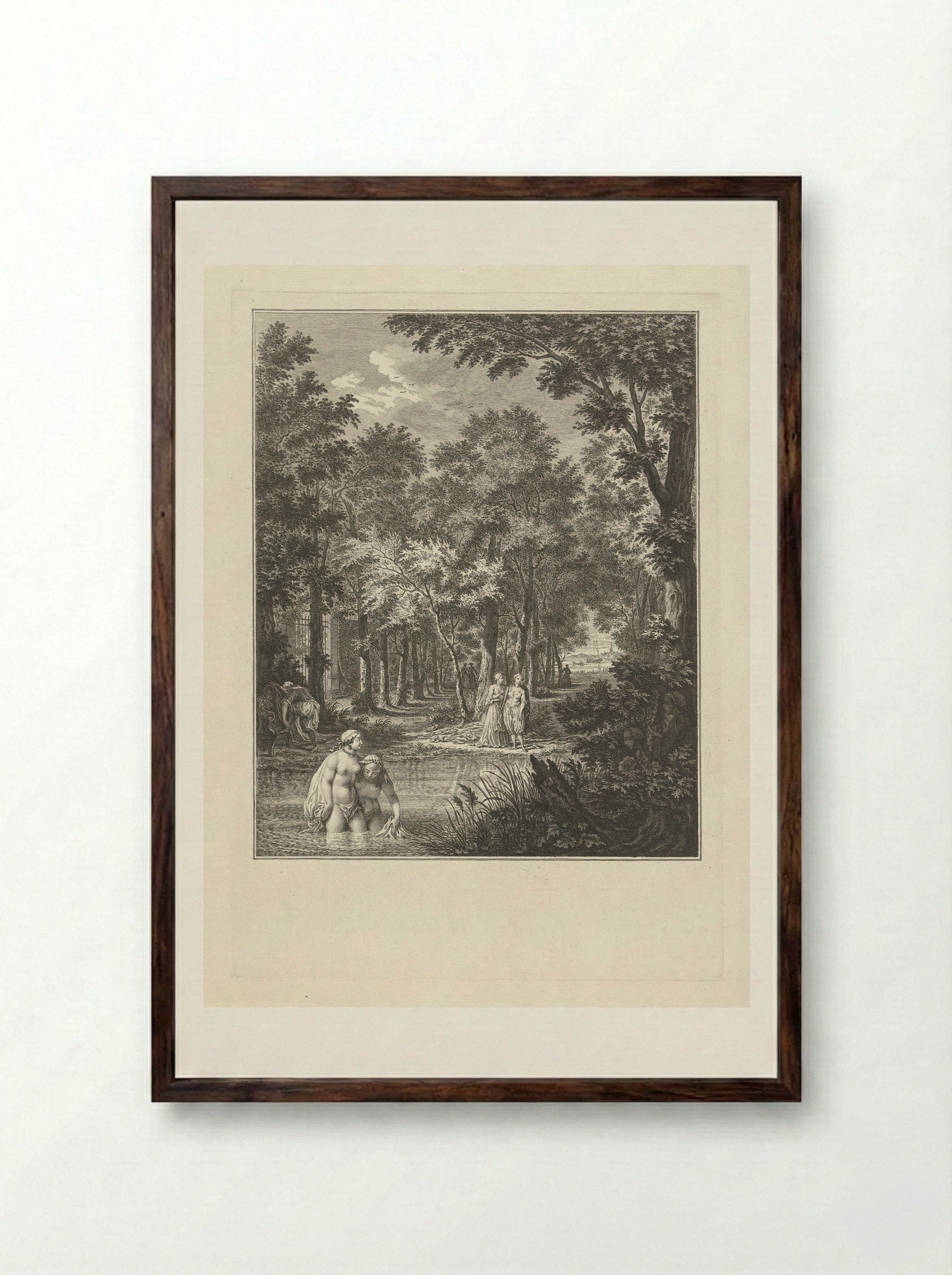 De badende juffers bespied - Simon Fokke - Framed Print Dark Wood