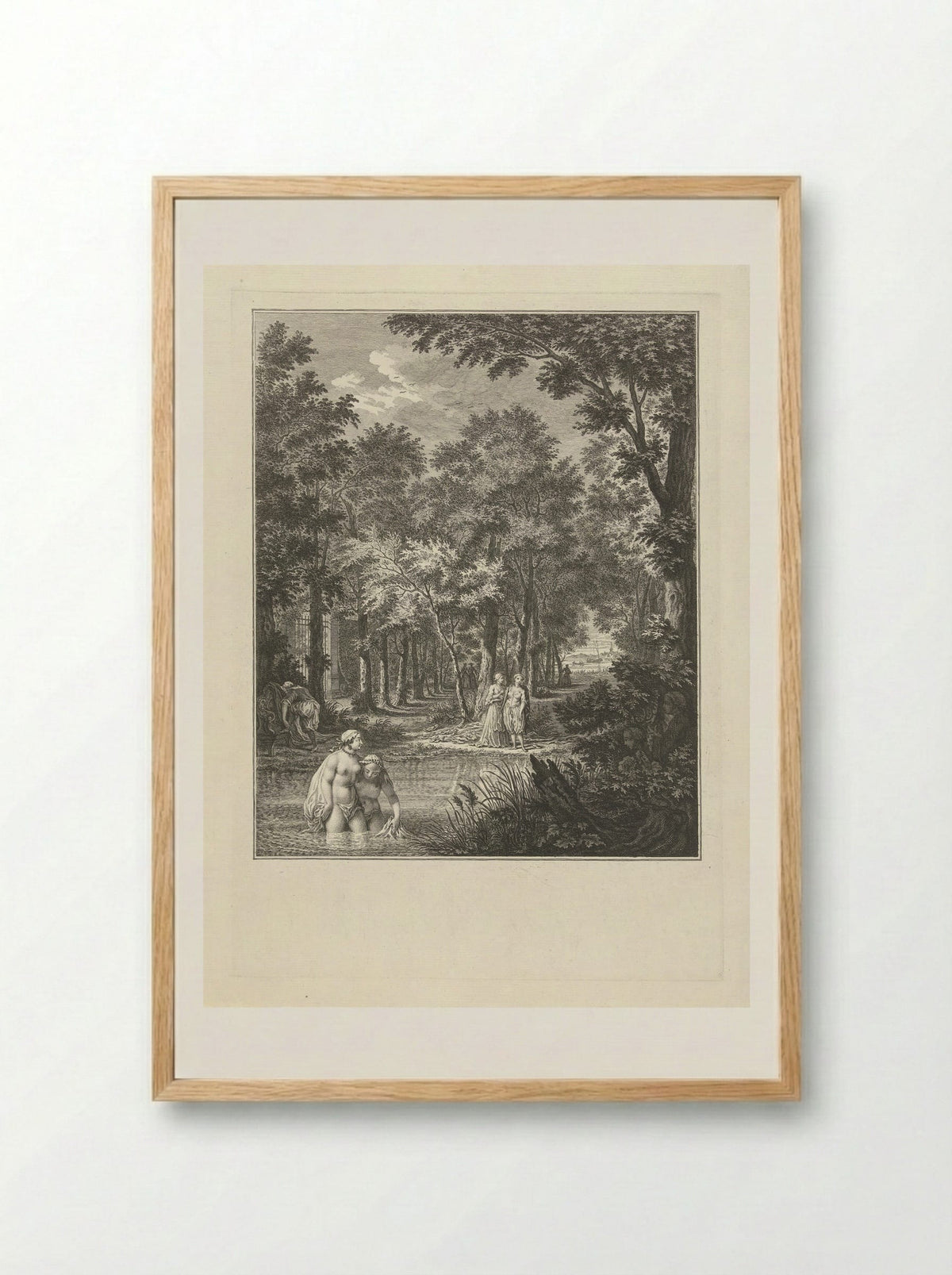 De badende juffers bespied - Simon Fokke - Framed Print Wood
