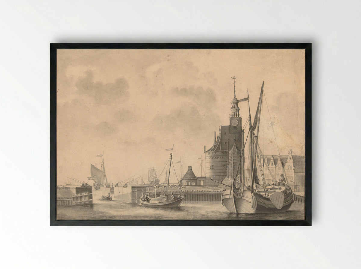 De haven te Hoorn - Johan Antonie Kaldenbach - Framed Print Black