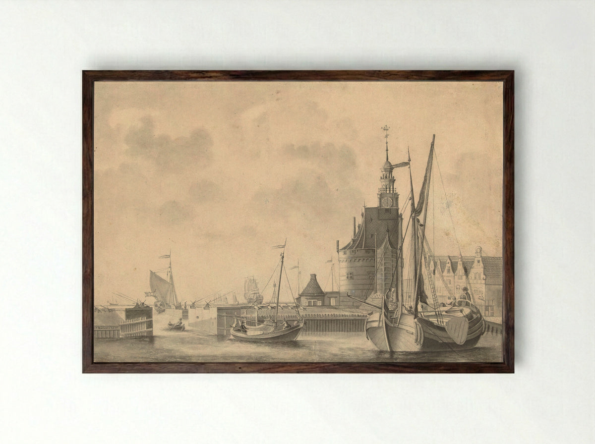 De haven te Hoorn - Johan Antonie Kaldenbach - Framed Print Dark Wood