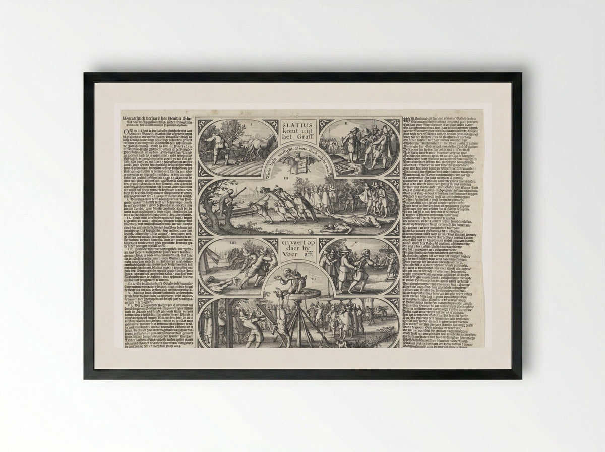 De herontdekking van de gestolen en begraven lichamen van Slatius, Coornwinder en Gerritsz - Claes Jansz. Visscher (II) - Framed Print Black