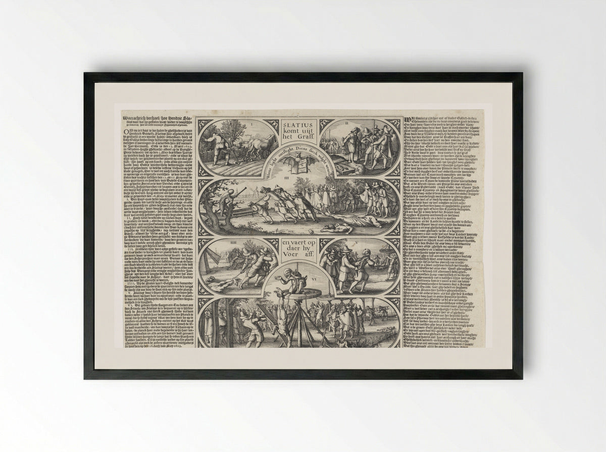 De herontdekking van de gestolen en begraven lichamen van Slatius, Coornwinder en Gerritsz - Claes Jansz. Visscher (II) - Framed Print Black