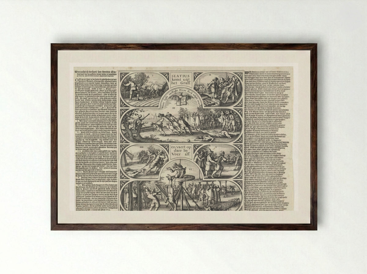 De herontdekking van de gestolen en begraven lichamen van Slatius, Coornwinder en Gerritsz - Claes Jansz. Visscher (II) - Framed Print Dark Wood